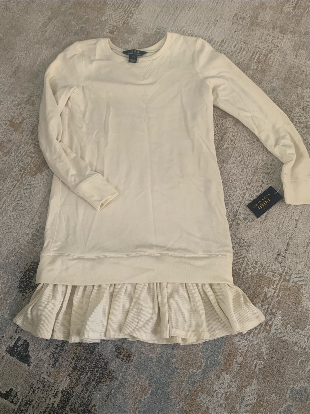 NWT Ralph Lauren Off-White Ruffled Hem Pullover Dress waffle skirt 12-14
